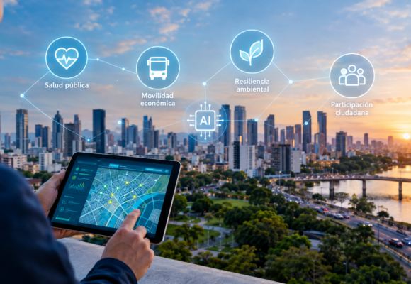 Ciudad inteligente al atardecer y conectada La Fundación Rockefeller y OpenAI Foundation anuncian una alianza de 50 millones de dólares para ayudar a las ciudades a mejorar los servicios públicos mediante la IA